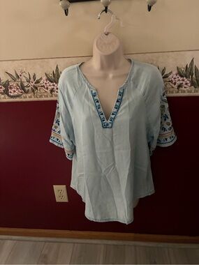 Reba Light Blue Embroidered V-Neck Tunic